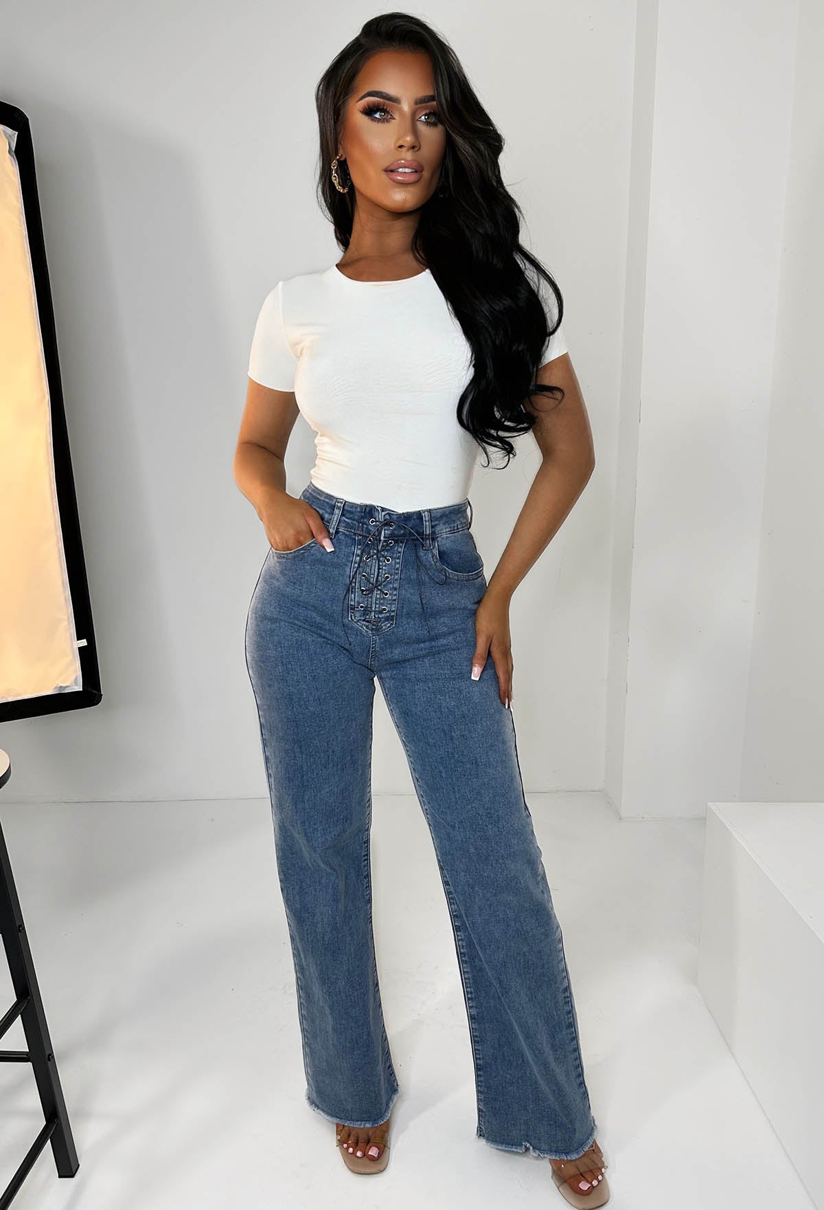 Tied Together Mid Blue Lace Up Stretch Straight Leg Jeans