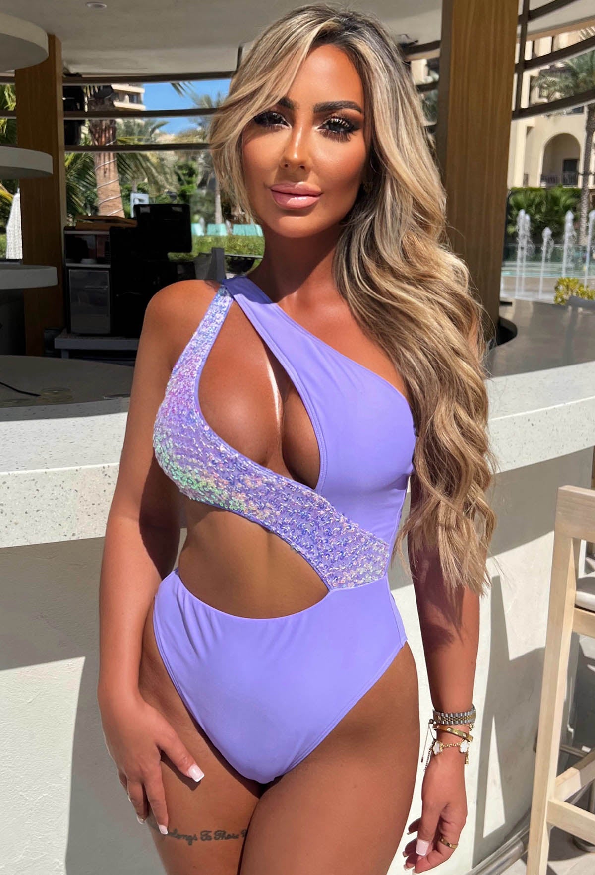 Holiday Queen Lilac One Shoulder Iridescent Sequin Cut Out Swimsuit