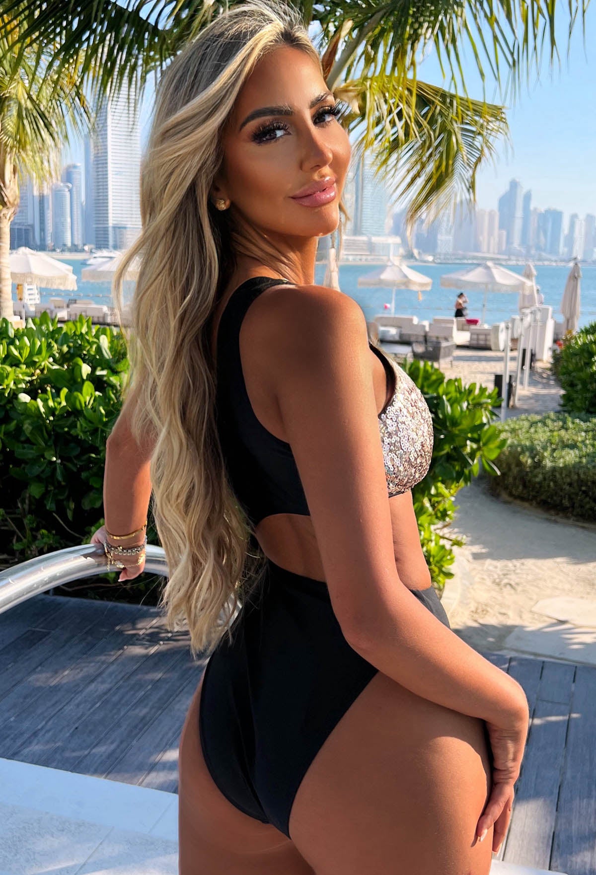 Holiday Queen Black One Shoulder Rose Gold Sequin Cut Out Swimsuit