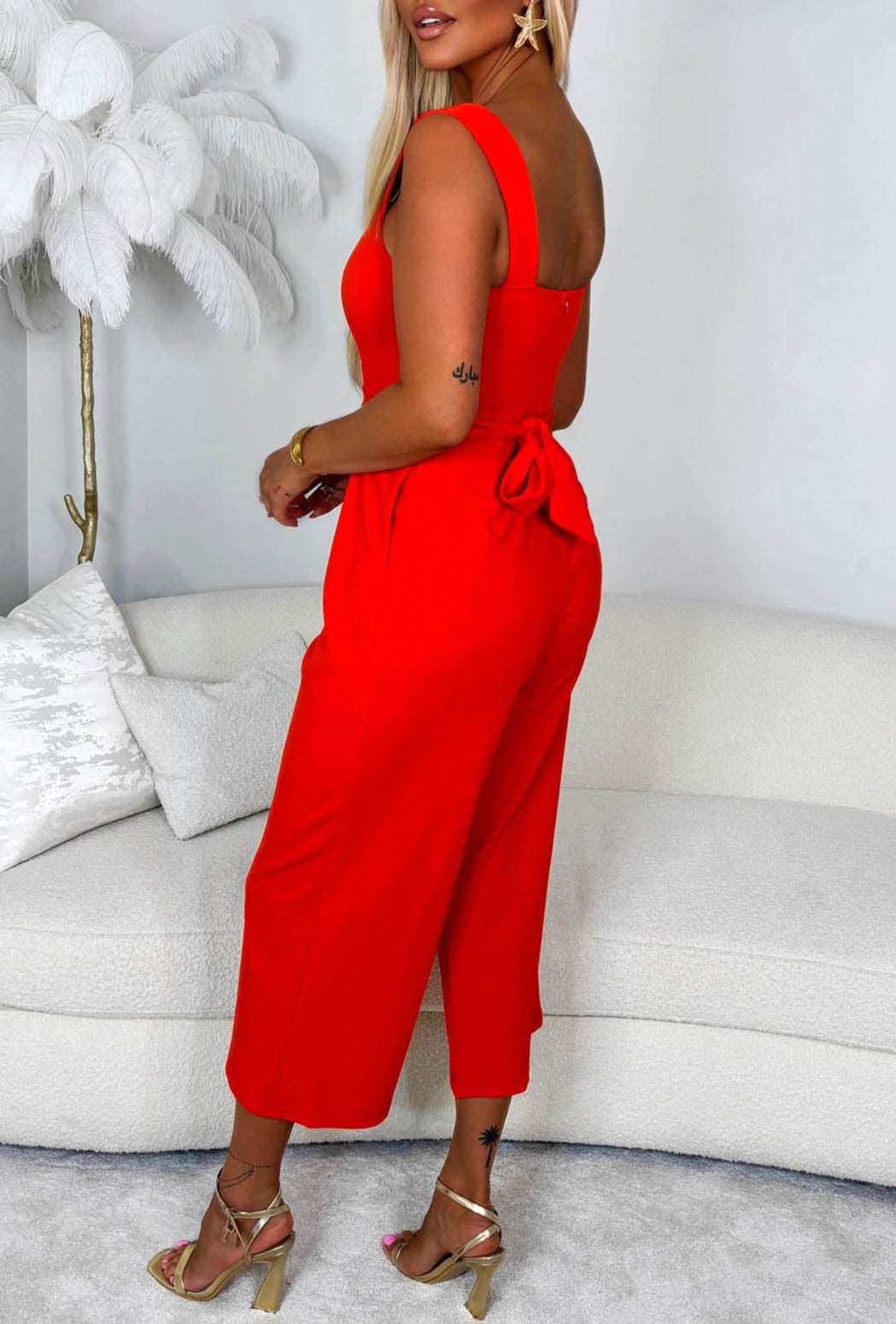 Begin Again Red Square Neck Belted Jumpsuit