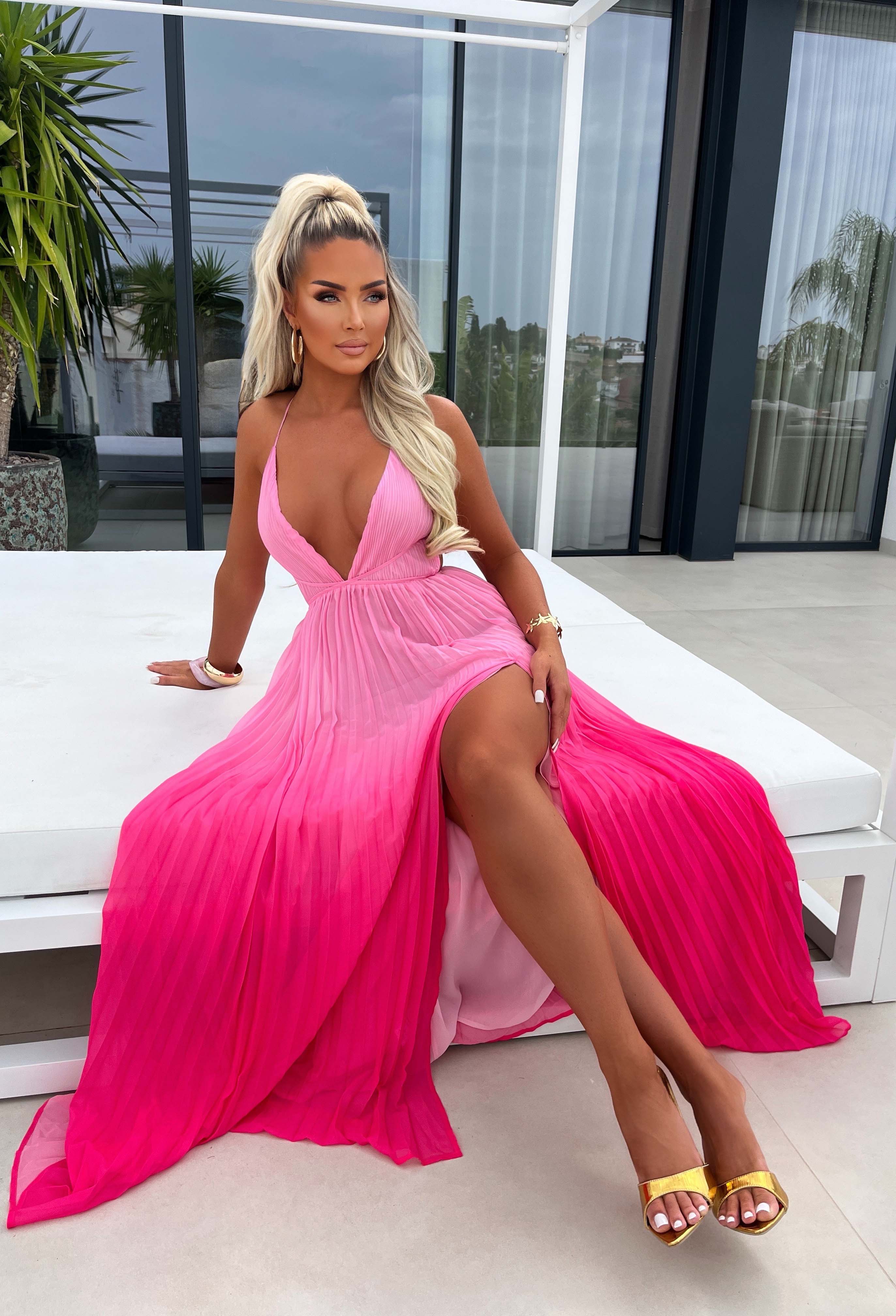 Sugar Chic Pink Pleated Ombre Maxi Dress