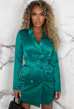 Wall Street Glam Green Satin Belted Blazer Dress