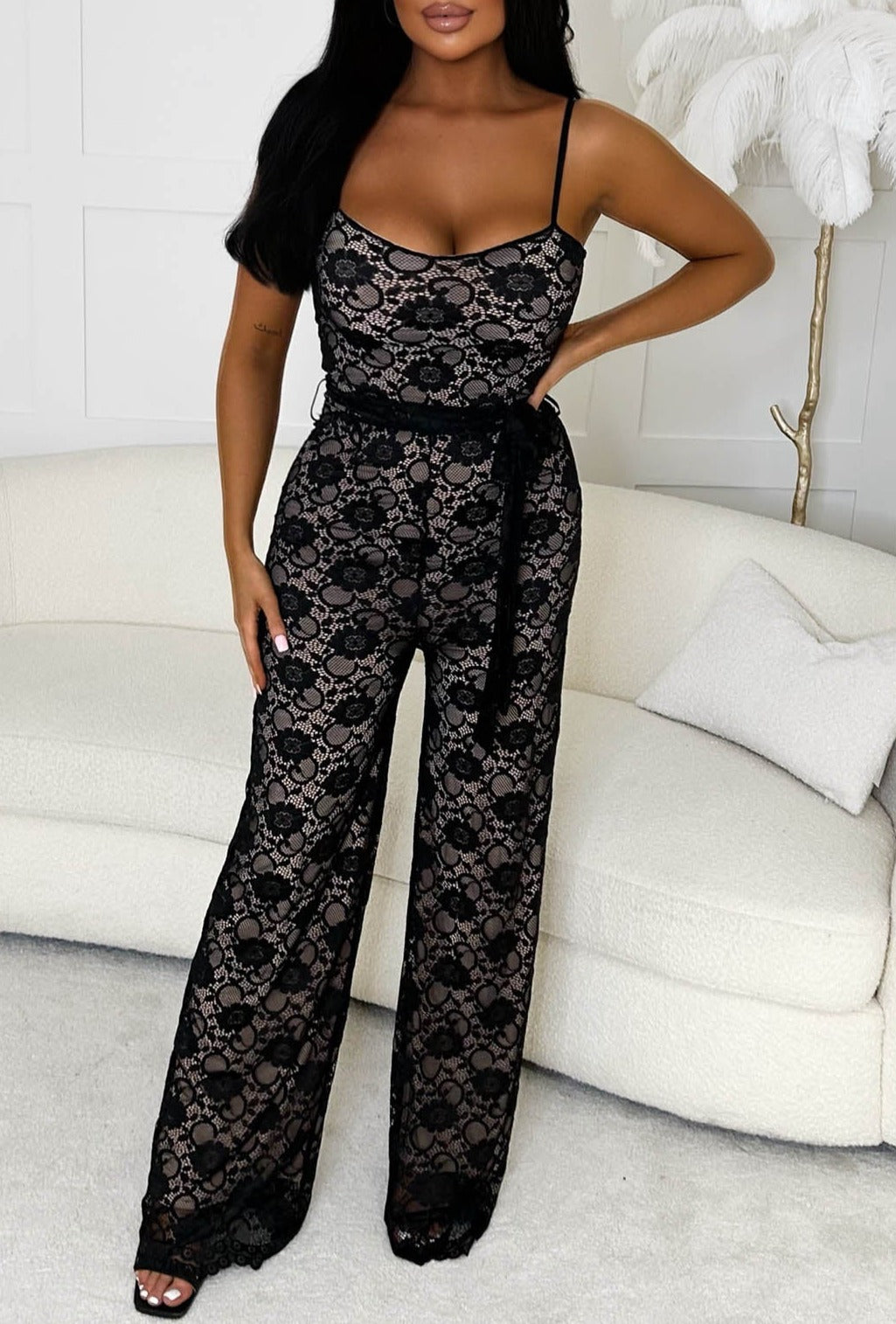 Romantic Feelings Black Lace Fully Lined Belted Jumpsuit