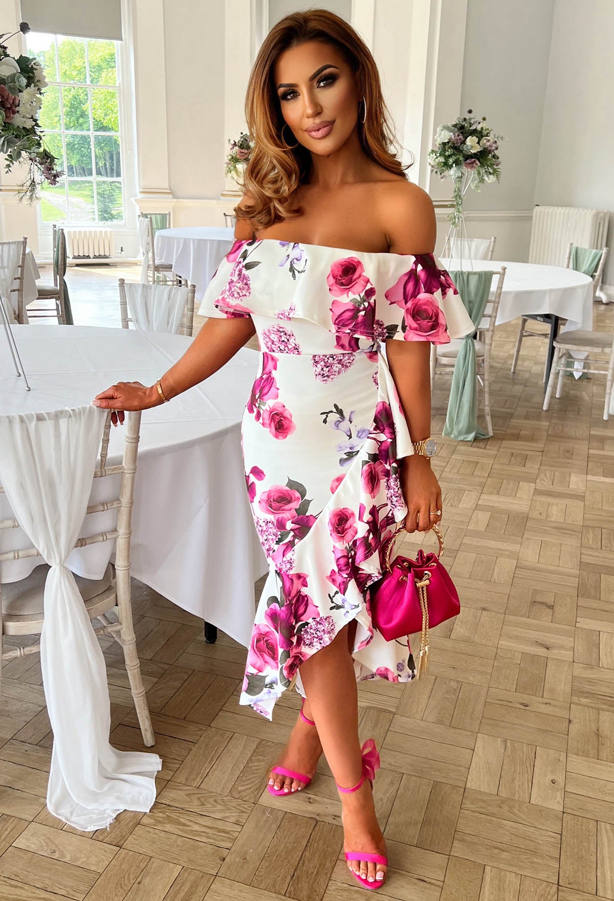 Perfect Love White Floral Bardot Midi Dress Pink Boutique