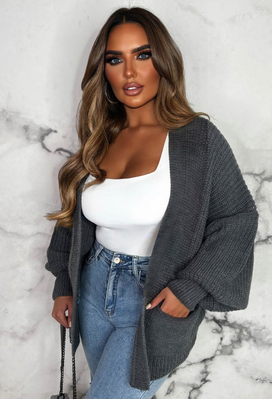 That Effortless Look Grey Balloon Sleeve Knitted Cardigan