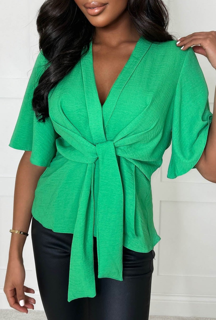 Knot Yours Green Knot Front Short Sleeve Top