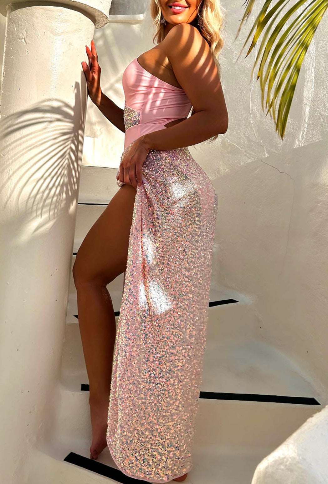Bali Queen Baby Pink Knot Detail Sequin Maxi Skirt Cover Up