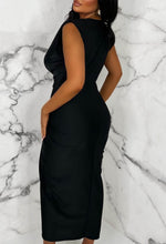 Cocktail Hour Black Stretch Sleeveless Plunge Ruched Midi Dress