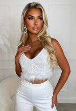 Over Him White Sequin Feather Trim Crop Top