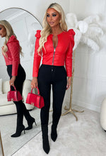 Zip Tight Red Faux Leather Puff Sleeve Collarless Zip Jacket