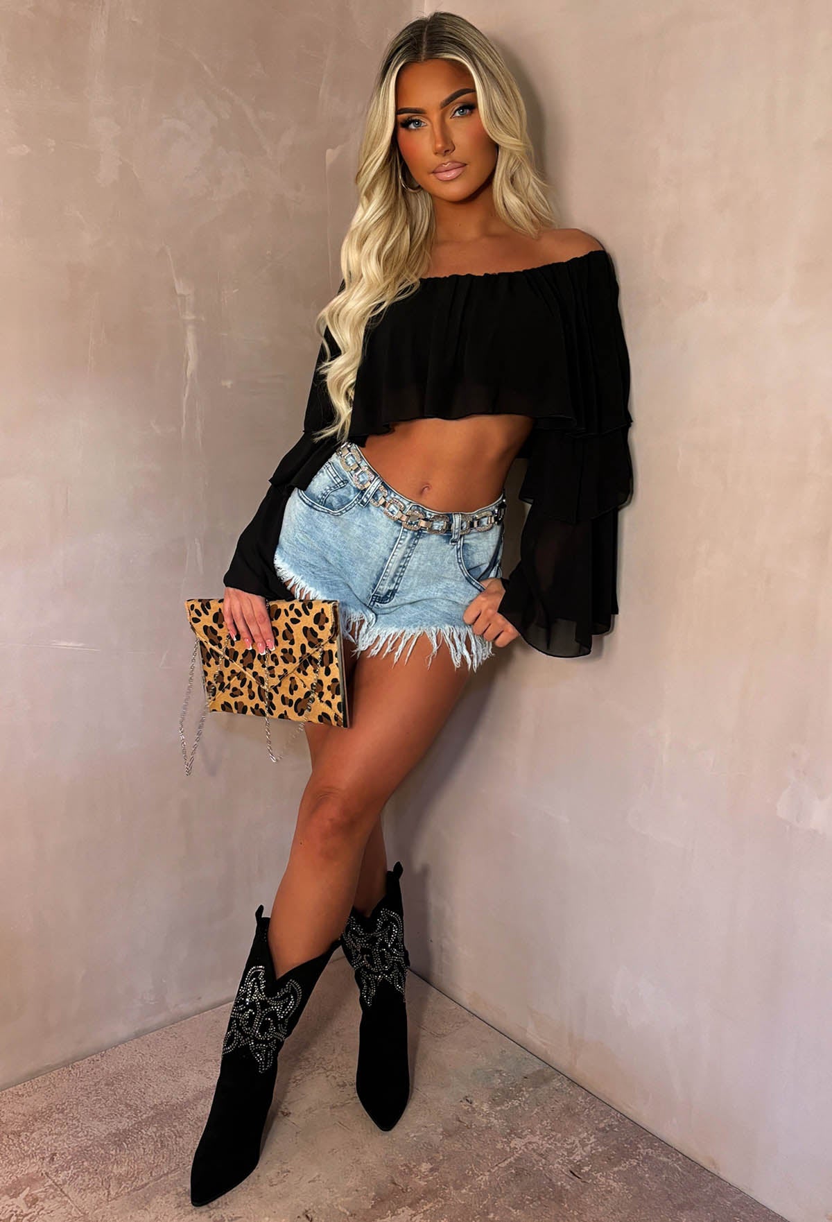 Oh My Love Black Bardot Ruffle Crop Top