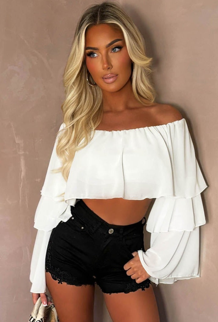 Oh My Love White Bardot Ruffle Crop Top