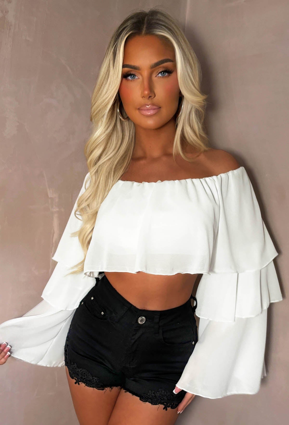 Oh My Love White Bardot Ruffle Crop Top