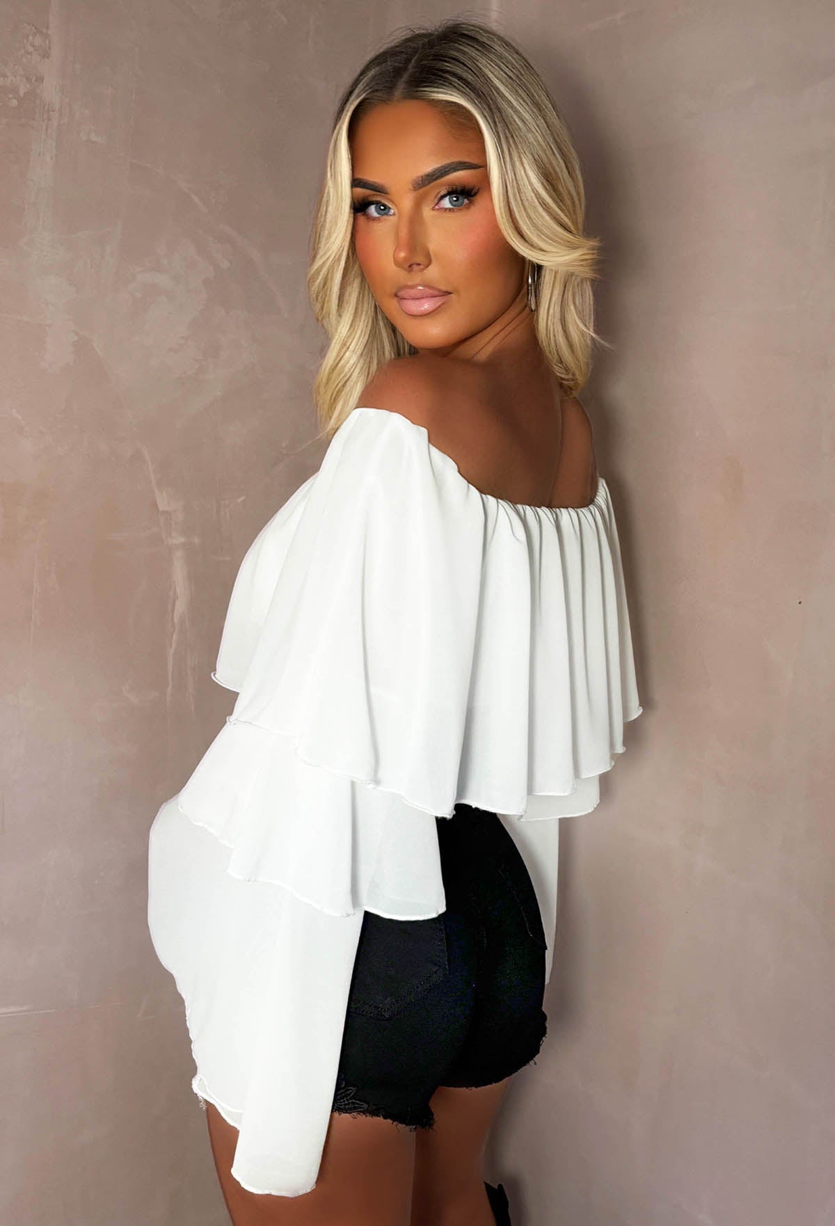 Oh My Love White Bardot Ruffle Crop Top