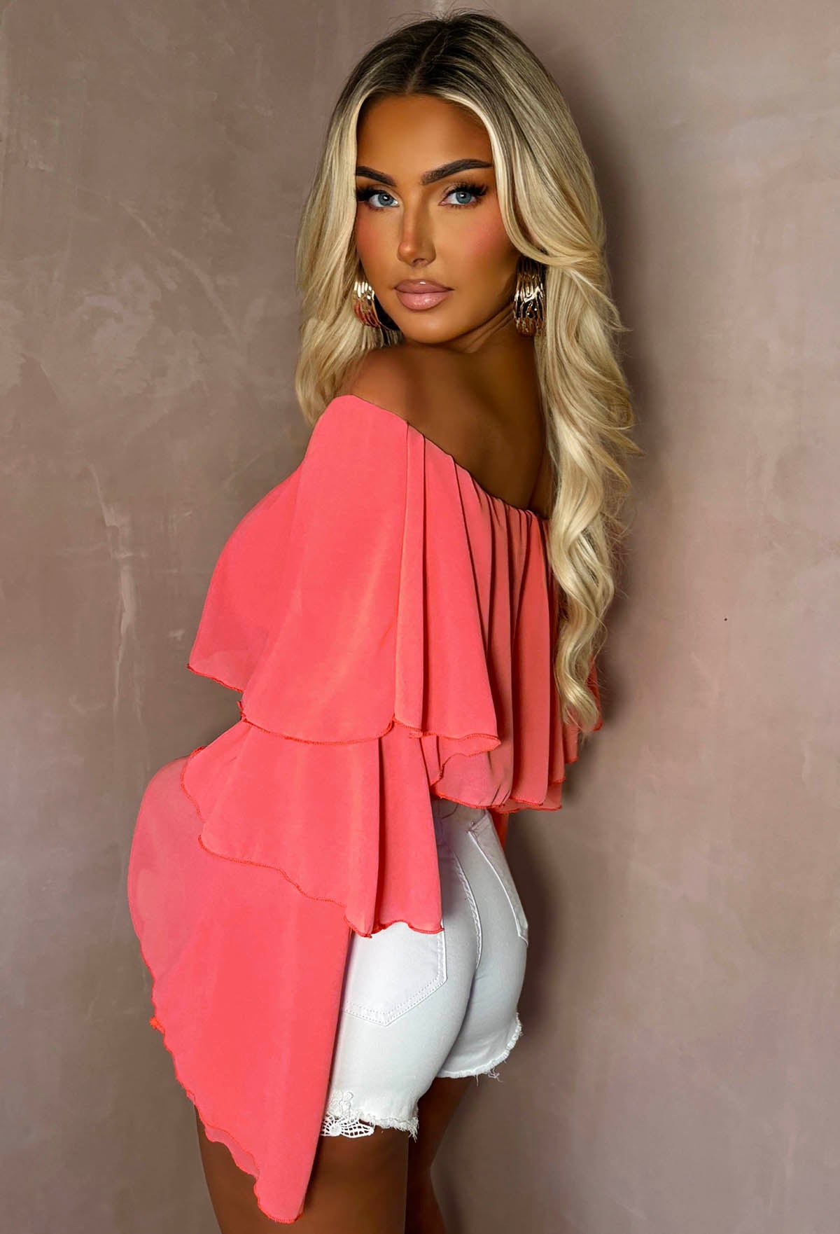 Oh My Love Coral Bardot Ruffle Crop Top