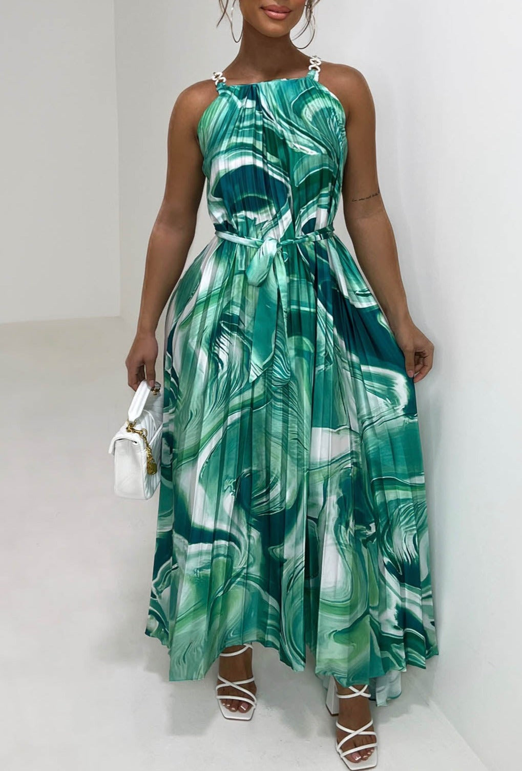 Pleated Perfection Green Marble Print Pleated Tie Waist Dress