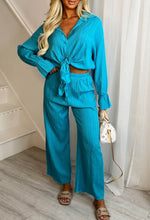 Just My Style Blue Textured Tied Shirt Wide Leg Co-Ord Outfit Set