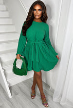 Pleat Perfect Green Flared Sleeve Pleated Belted Mini Dress