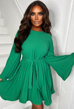Pleat Perfect Green Flared Sleeve Pleated Belted Mini Dress