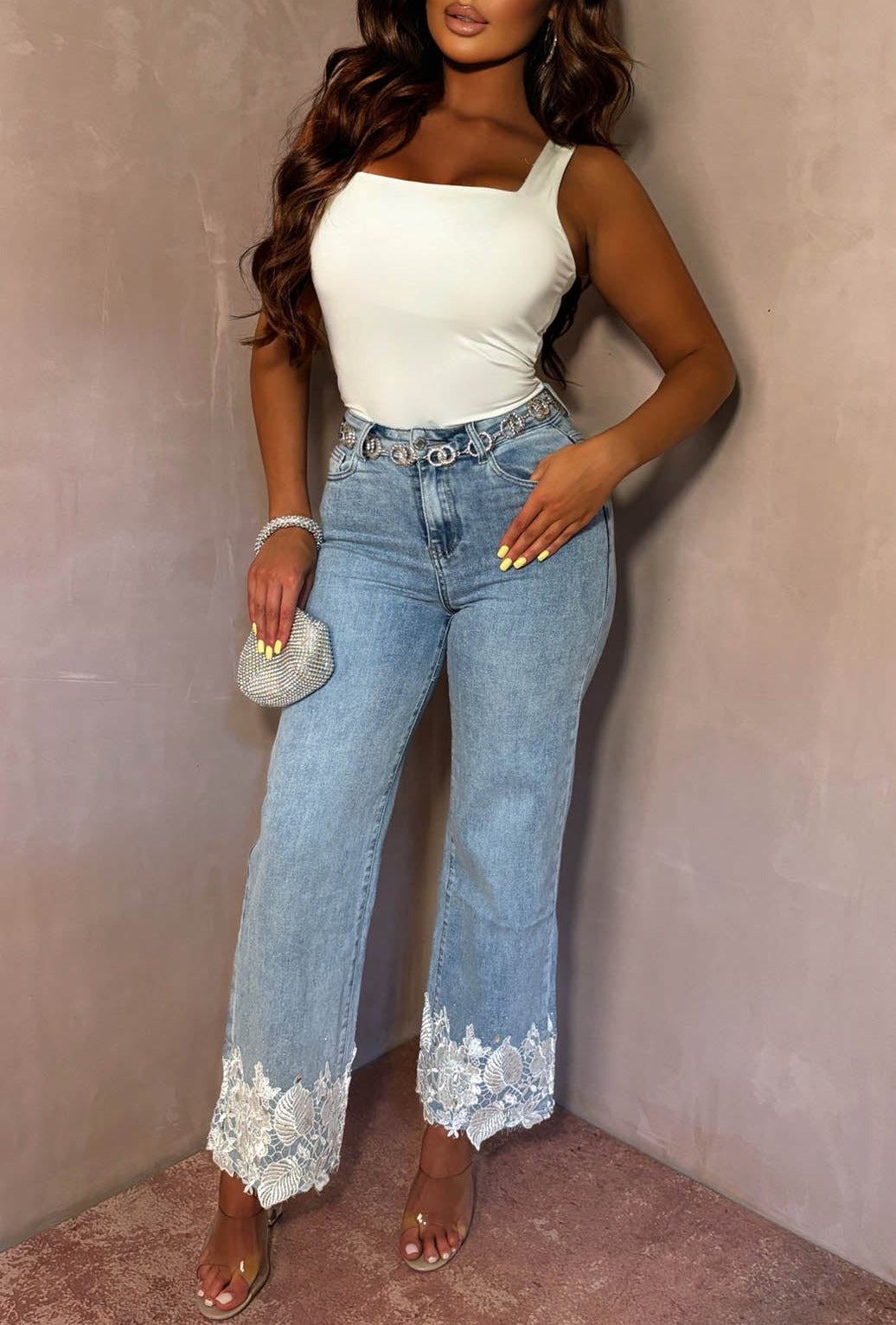 Lace Love Mid Blue Lace Hotfix Hem Stretch Jeans