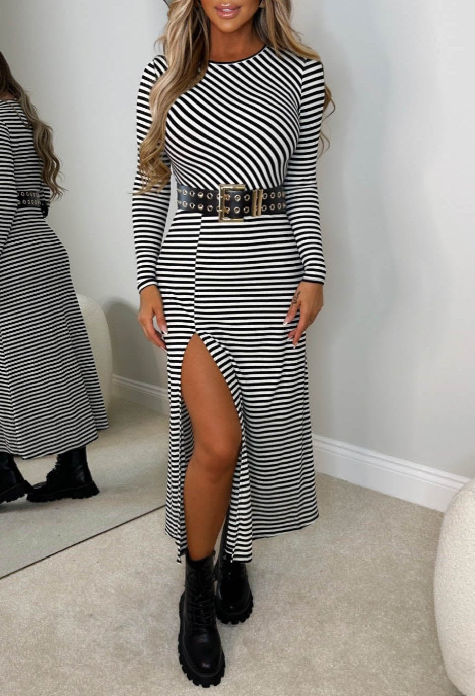 Monochrome Magic: Trendy Striped Midi Dress Monochrome Magic: Trendy Striped Midi Dress
