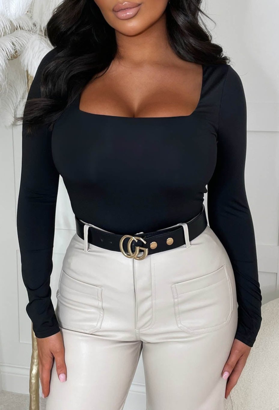 Bae For Tonight Black Square Neck Long Sleeve Top