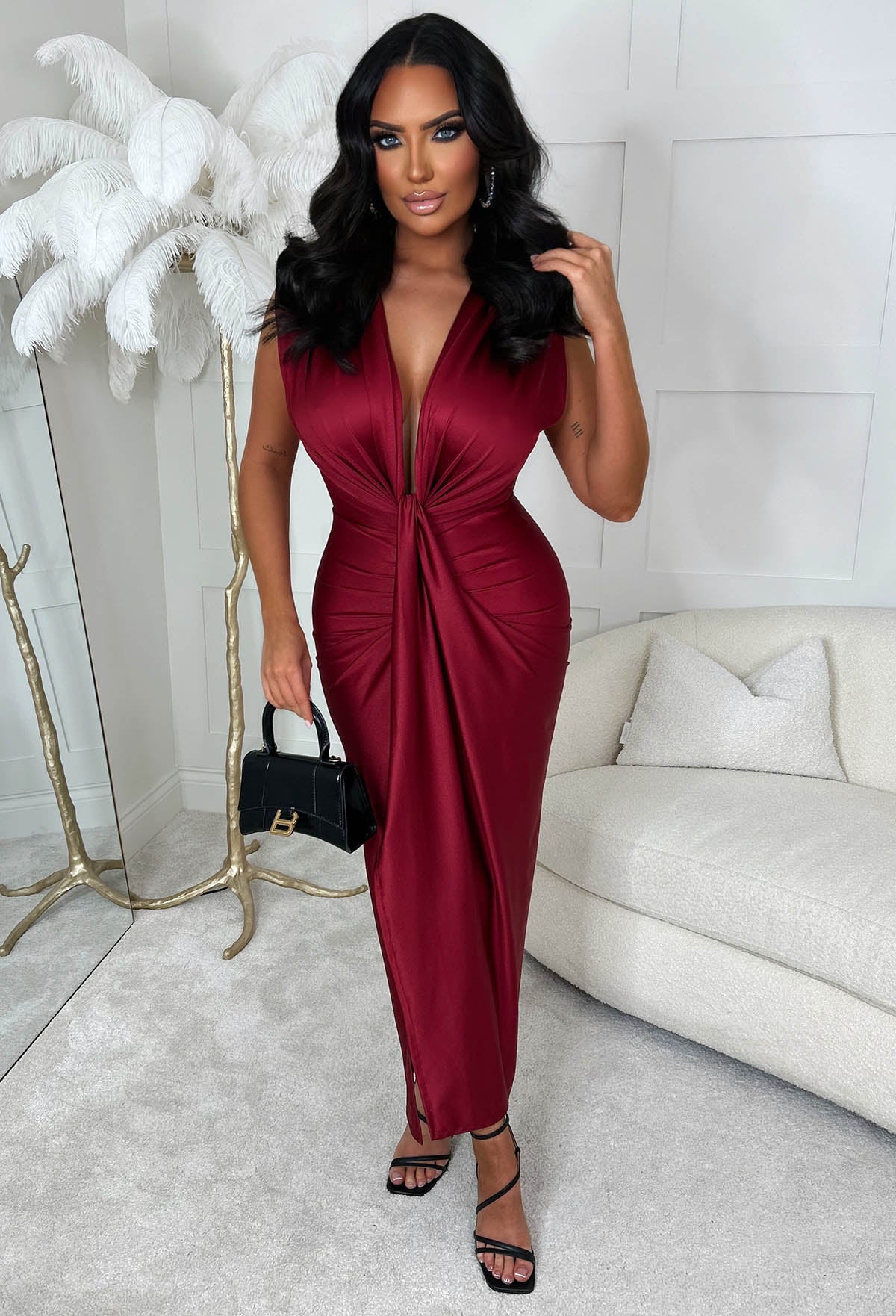 Cocktail Hour Red Stretch Sleeveless Plunge Ruched Midi Dress