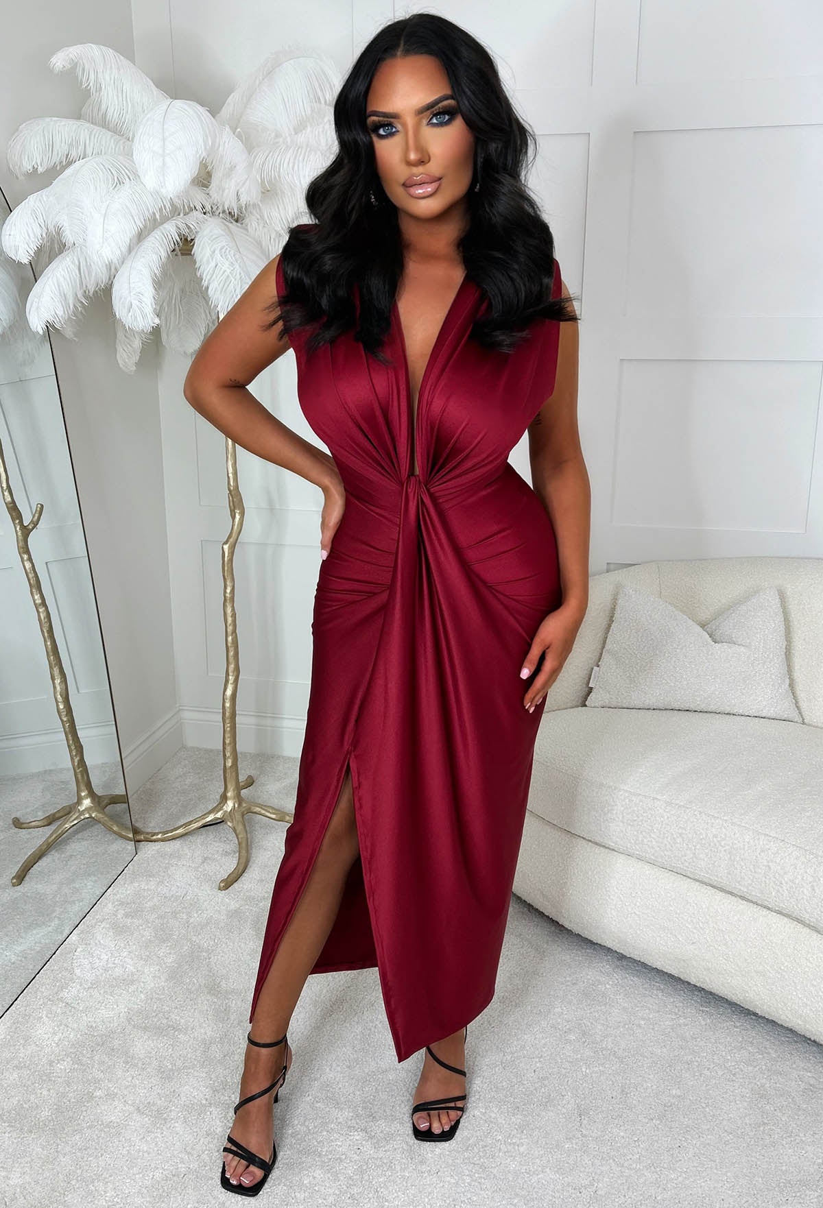 Cocktail Hour Red Stretch Sleeveless Plunge Ruched Midi Dress | Pink Boutique Cocktail Hour Red Stretch Sleeveless Plunge Ruched Midi Dress | Pink Boutique