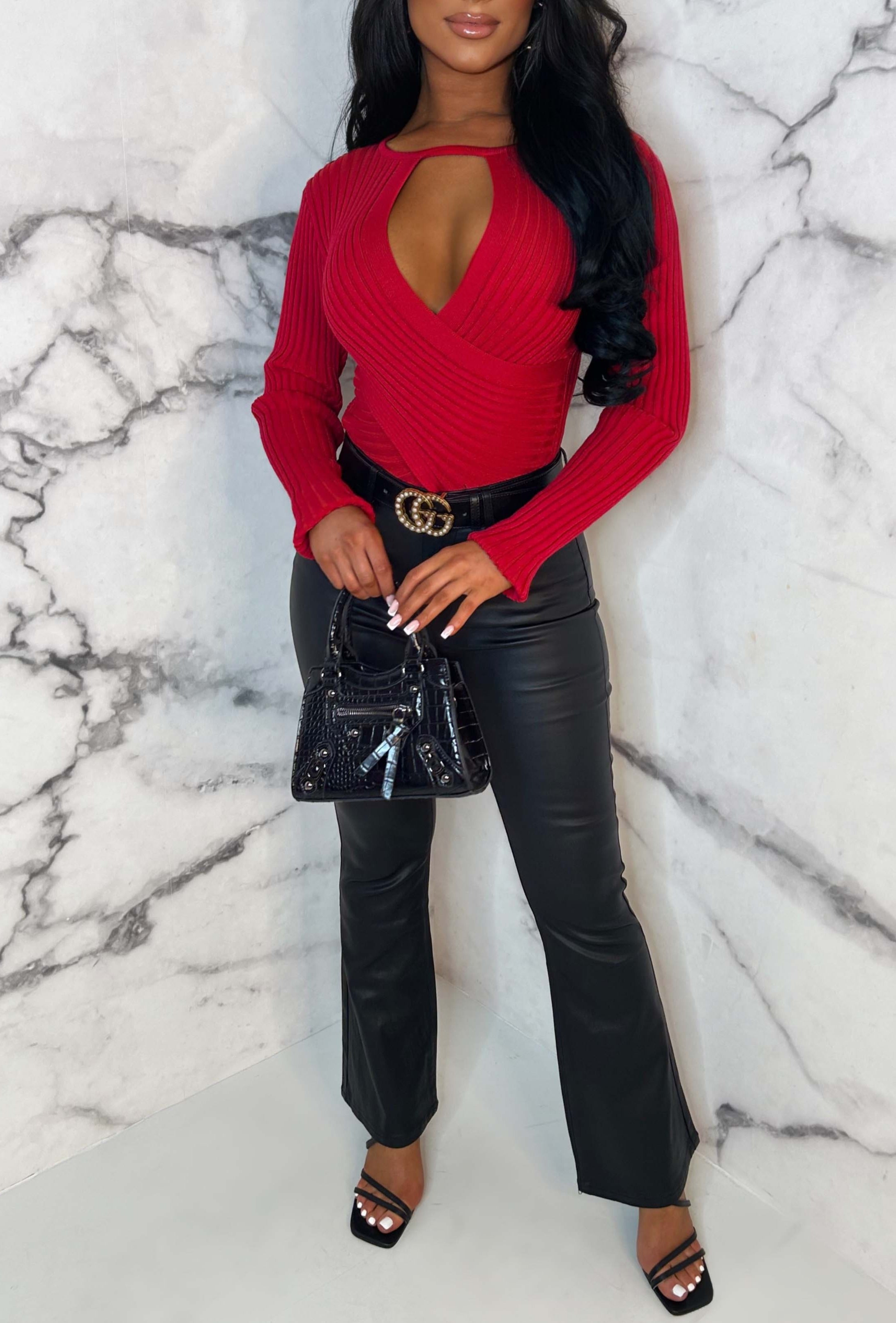 Ready & Waiting Black Stretch Flared Faux Leather Jeans