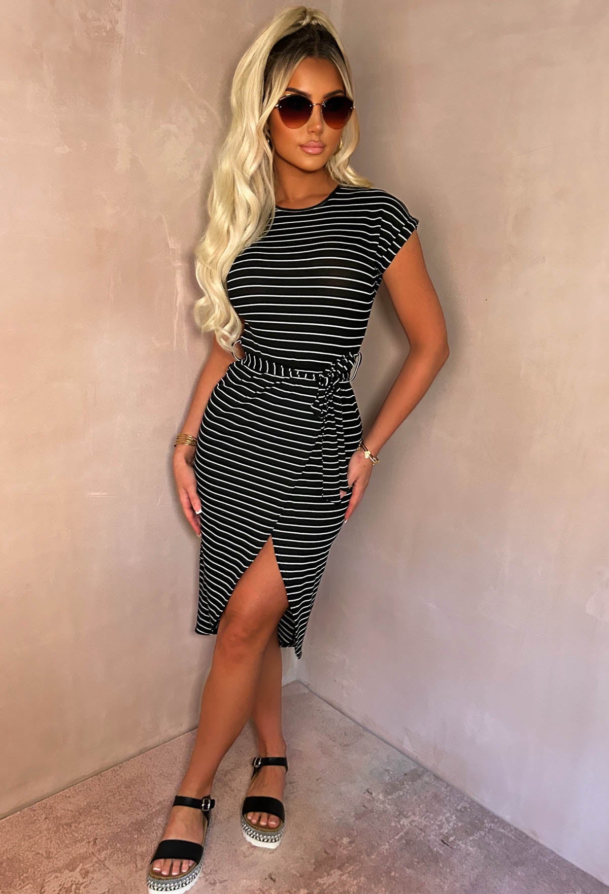 Stay In Line Black Short Sleeve Belted Striped Midi Dress| Pink Boutique