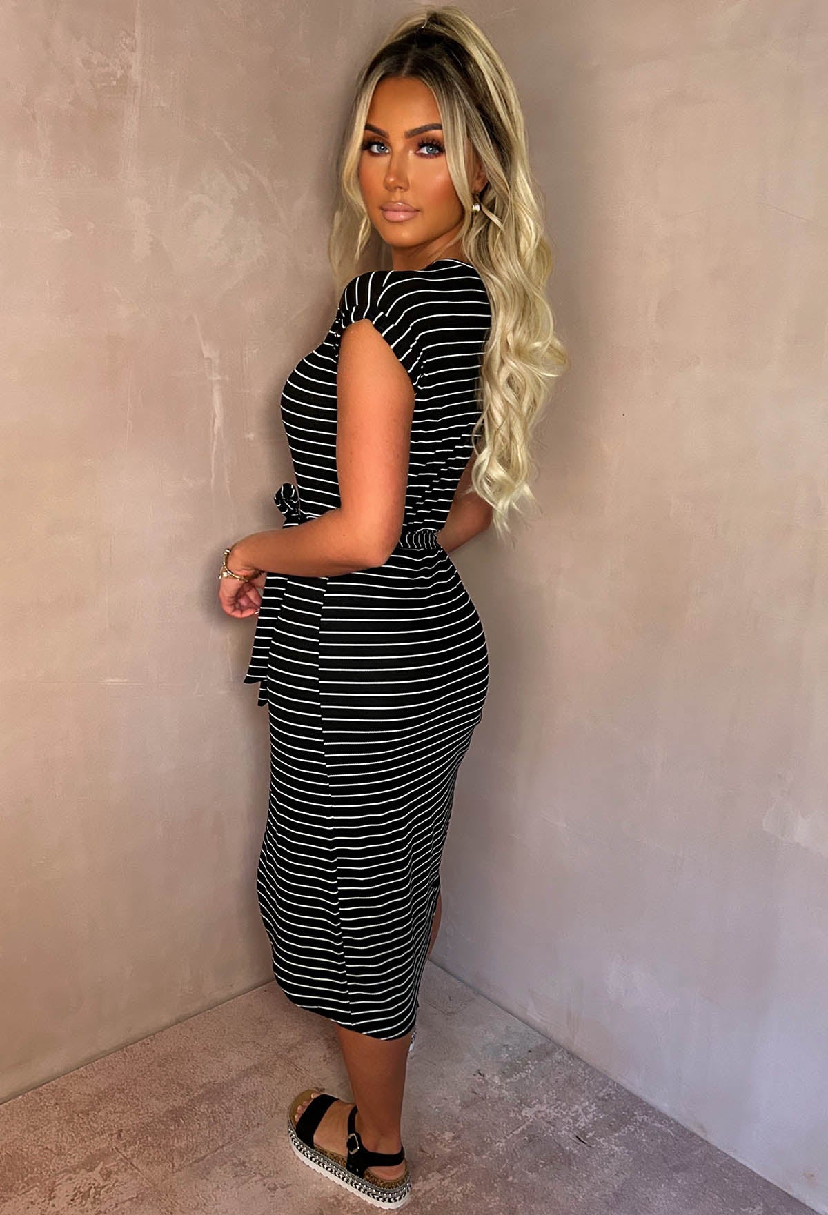 Stay In Line Black Short Sleeve Belted Striped Midi Dress