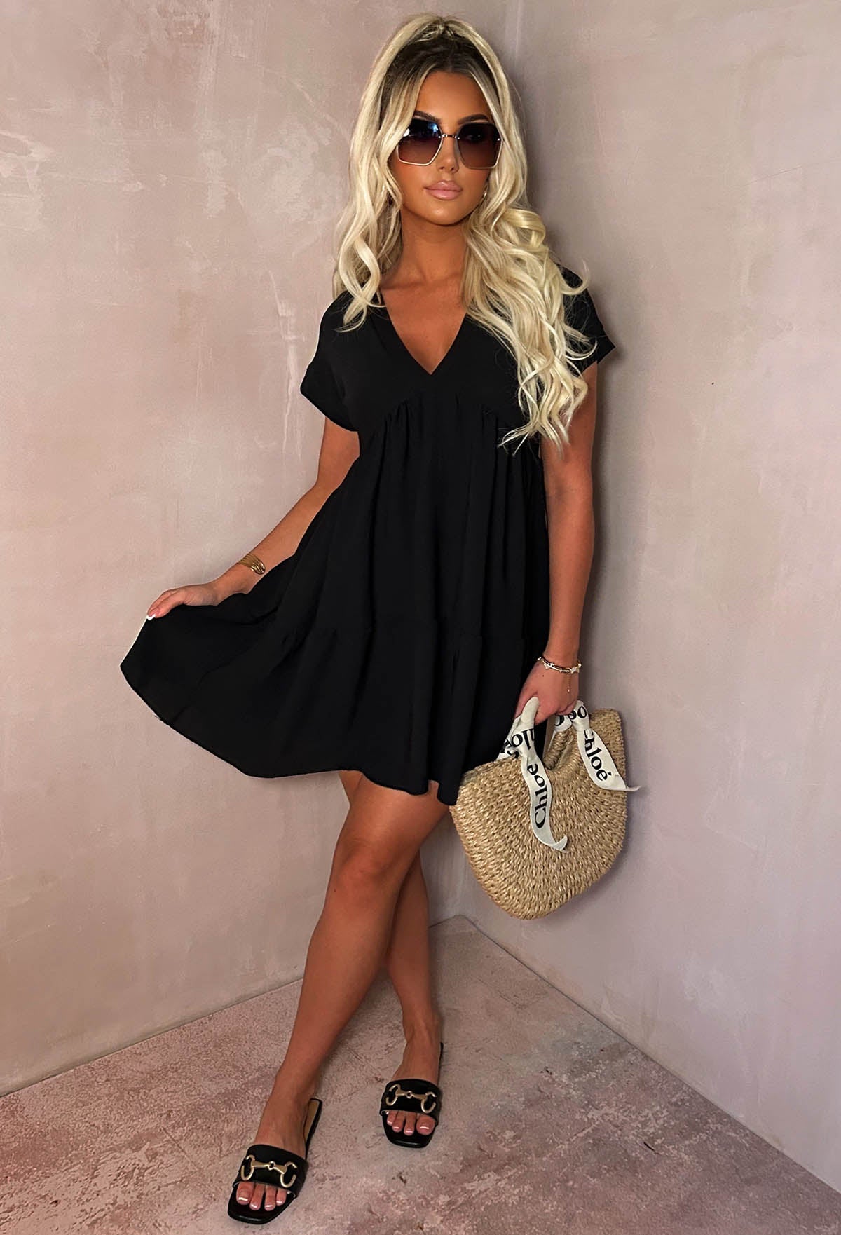 Keep Me Cute Black V-Neck Tierred Smock Day Dress Keep Me Cute Black V-Neck Tierred Smock Day Dress