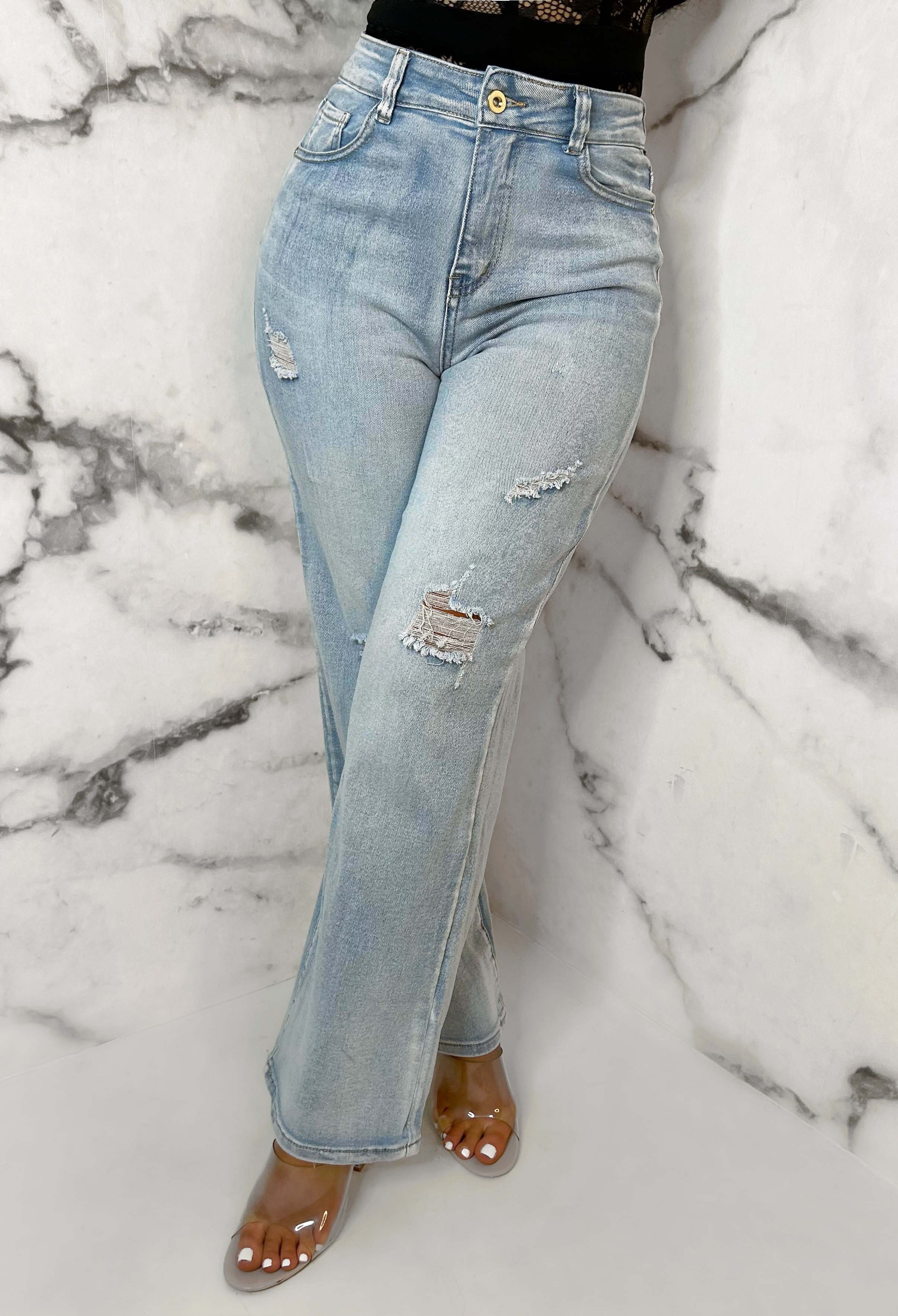 Denim Escape Light Blue Stretch Wide Leg Distressed Jeans
