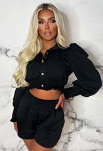 Coco Cute Black Stretch Quilted Button Puff Sleeve Short Co-Ord Set