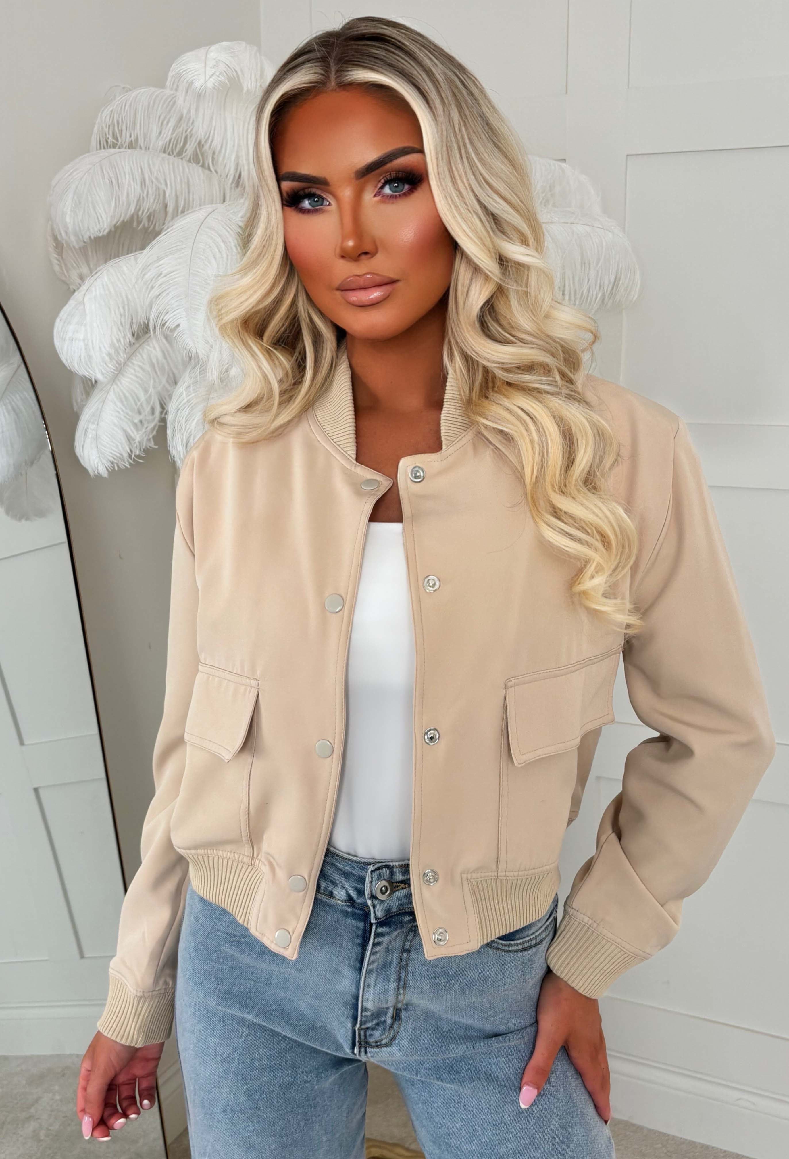Essential Icon Beige Cropped Bomber Jacket