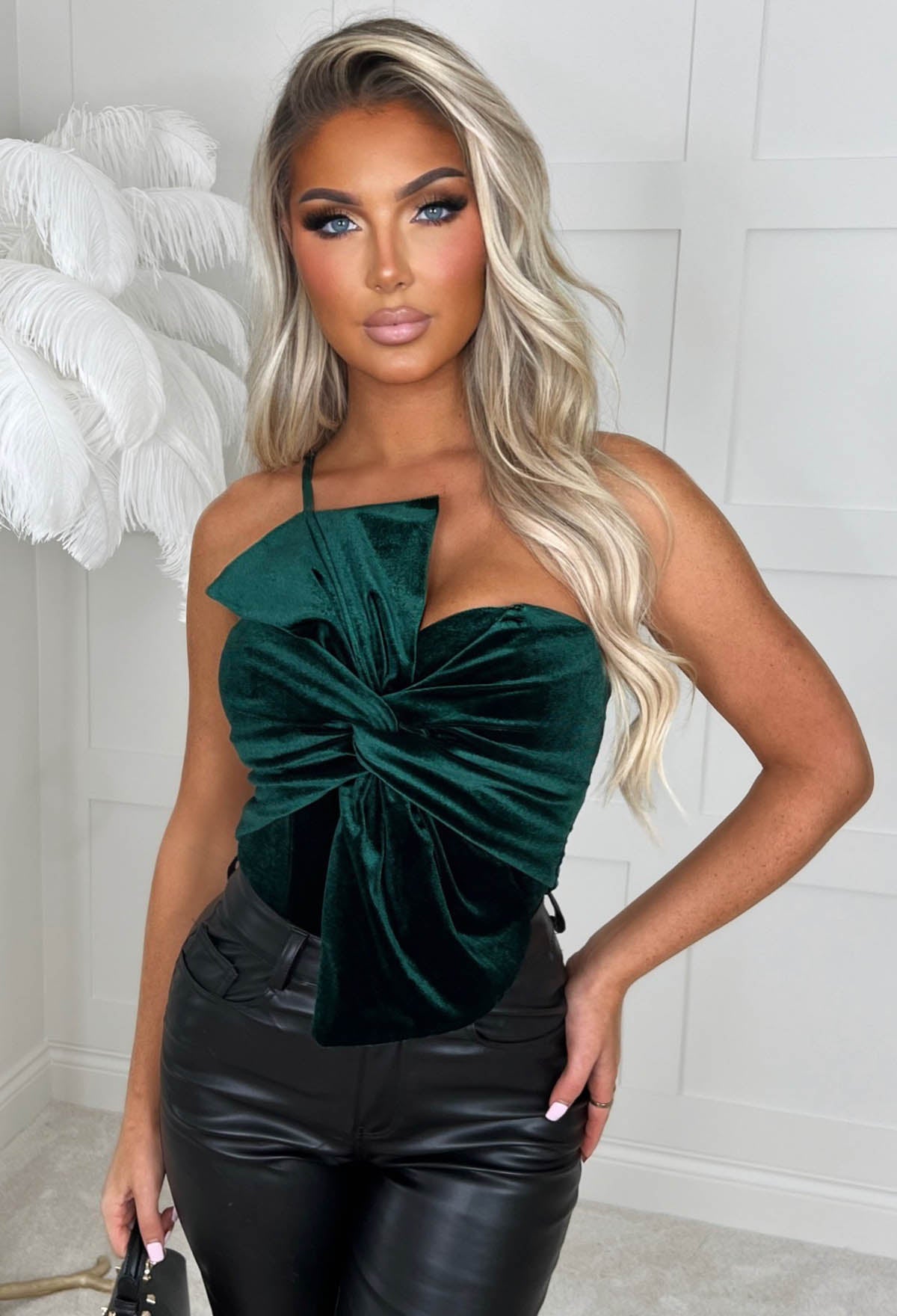 Cute As A Bow Green Bow Front Velvet Bodysuit Pink Boutique