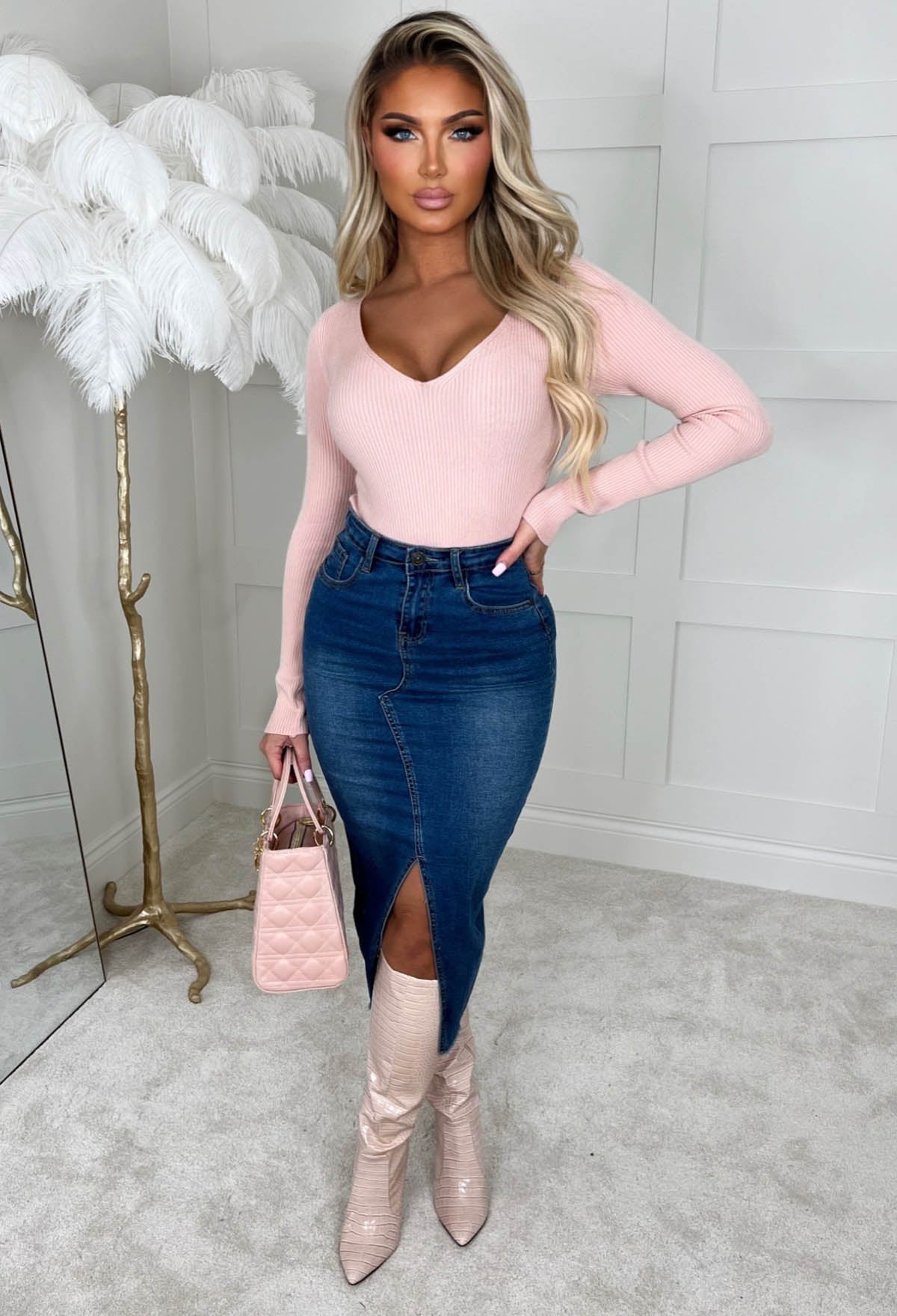 Not For You Blush Pink Knit V Neck Jumper