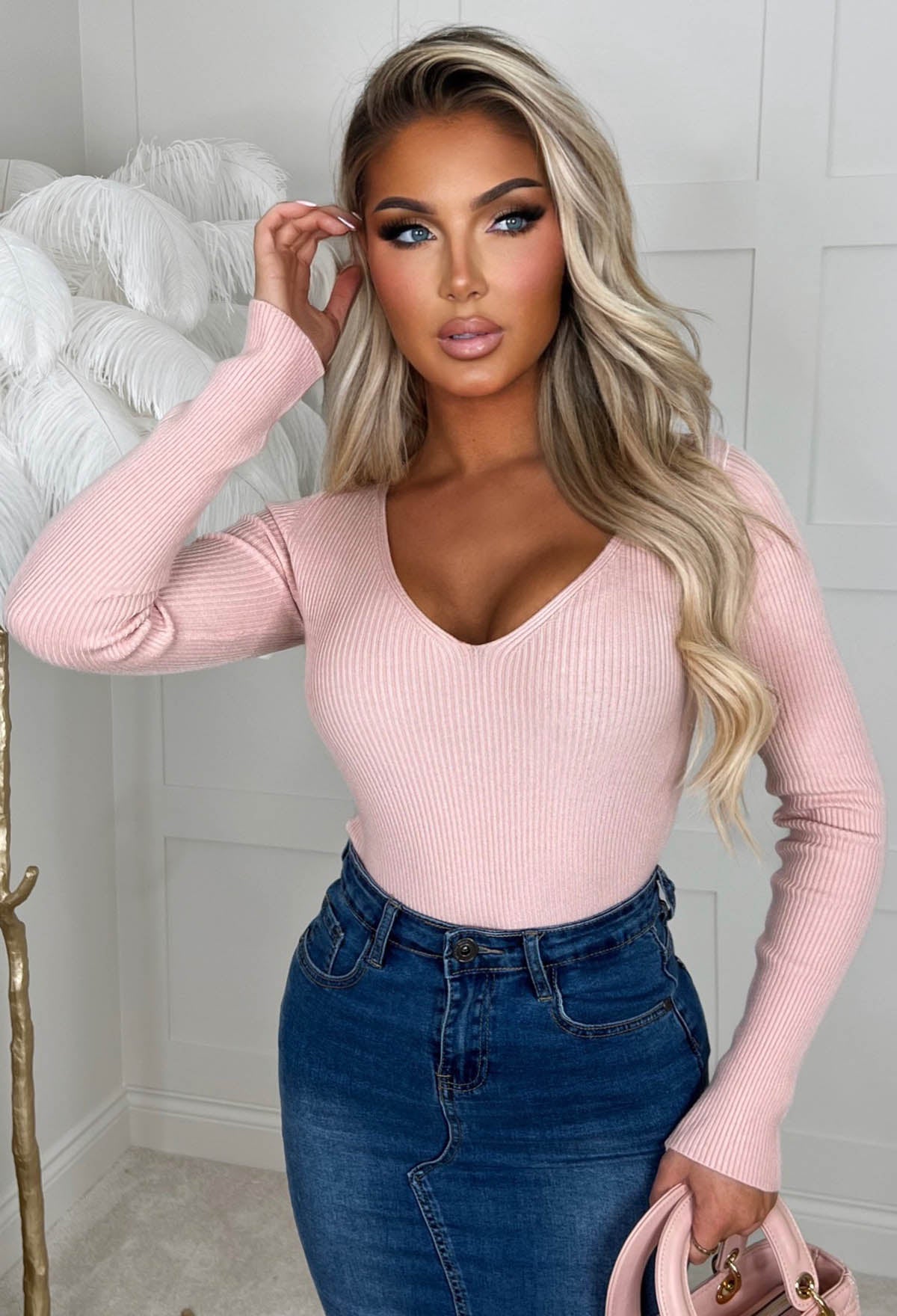 Not For You Blush Pink Knit V Neck Jumper