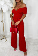 Utterly Yours Red Cross Over Ruched Wide Leg Belted Jumpsuit
