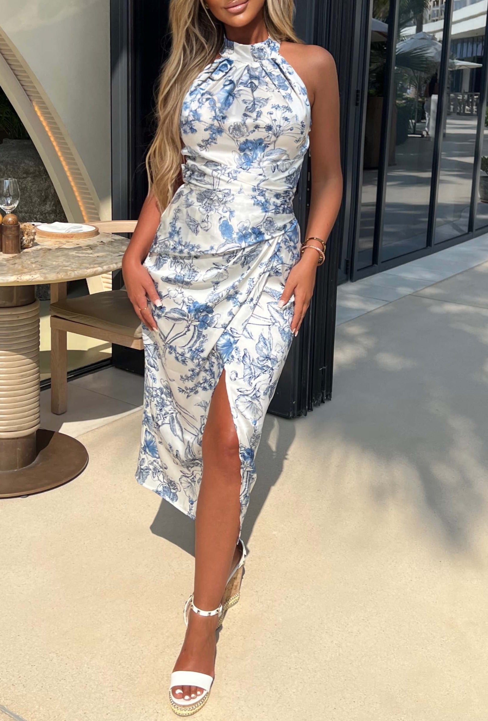 Luxury Moment Blue Satin Printed Ruched Halterneck Midi Dress