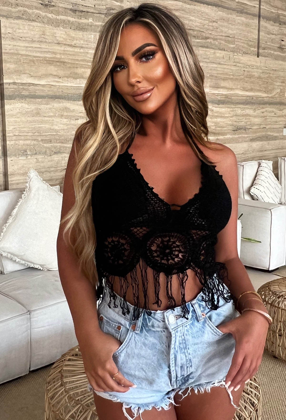 Ocean Waves Black Crochet Tassel Halterneck Top