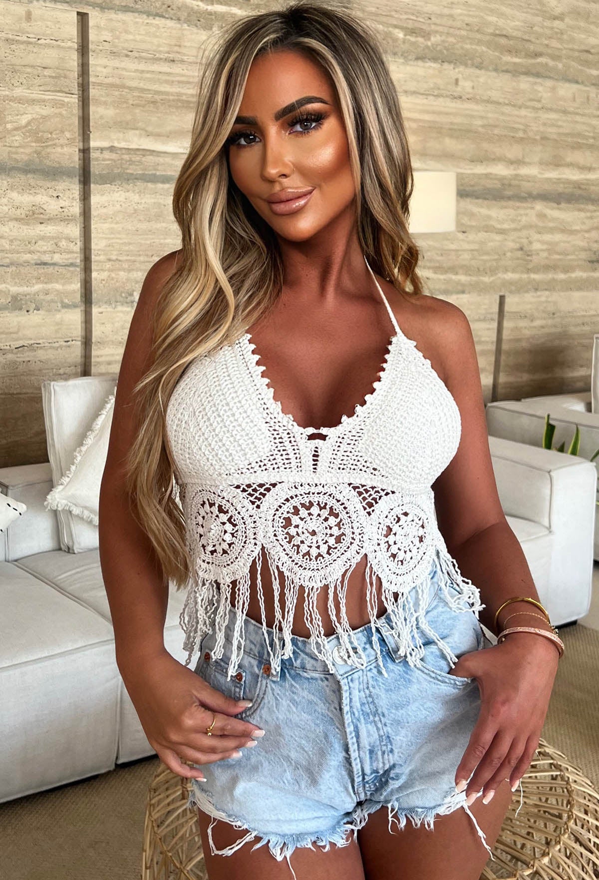 Ocean Waves White Crochet Tassel Halterneck Top
