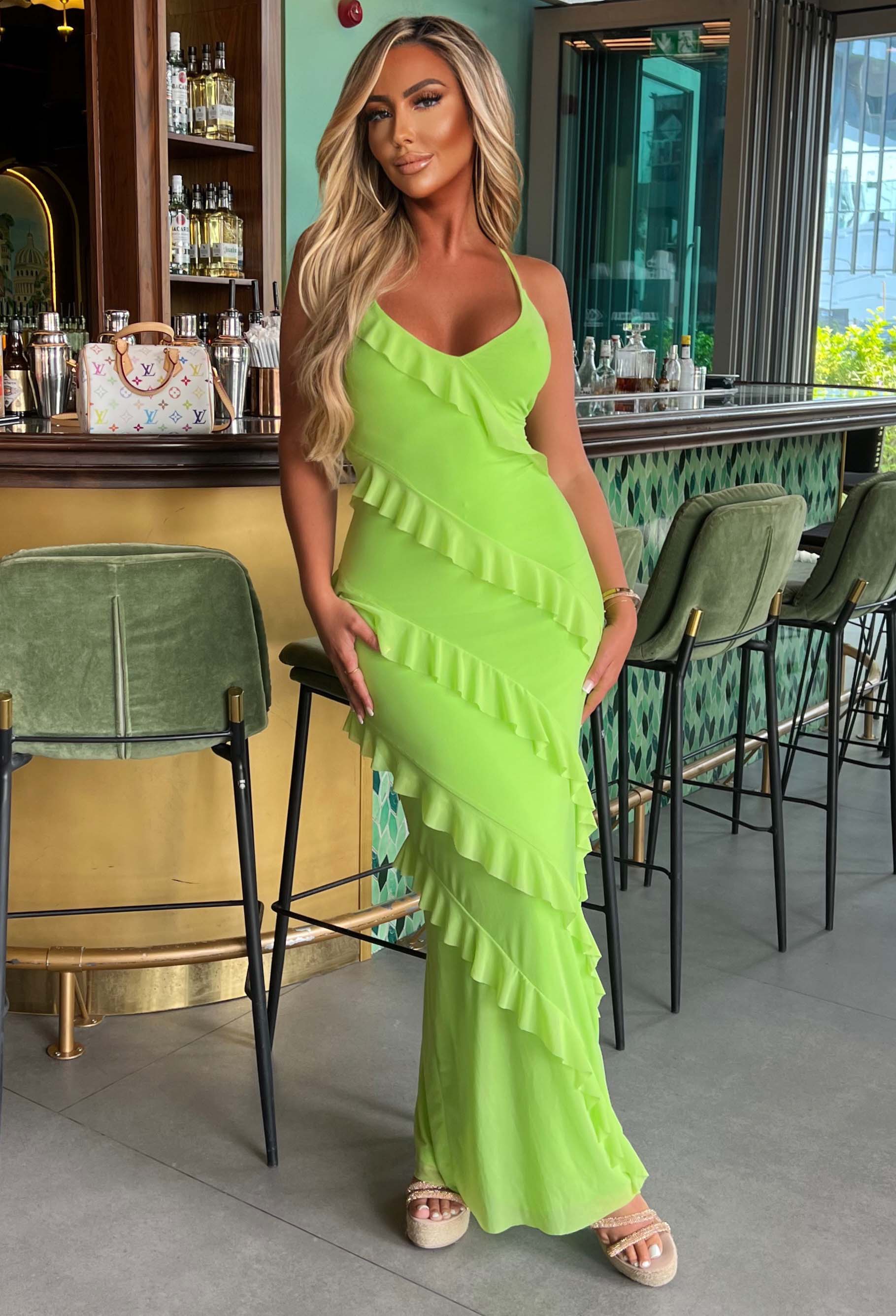 Frilling Temptation Green Frilled Lace Up Back Cami Maxi Dress