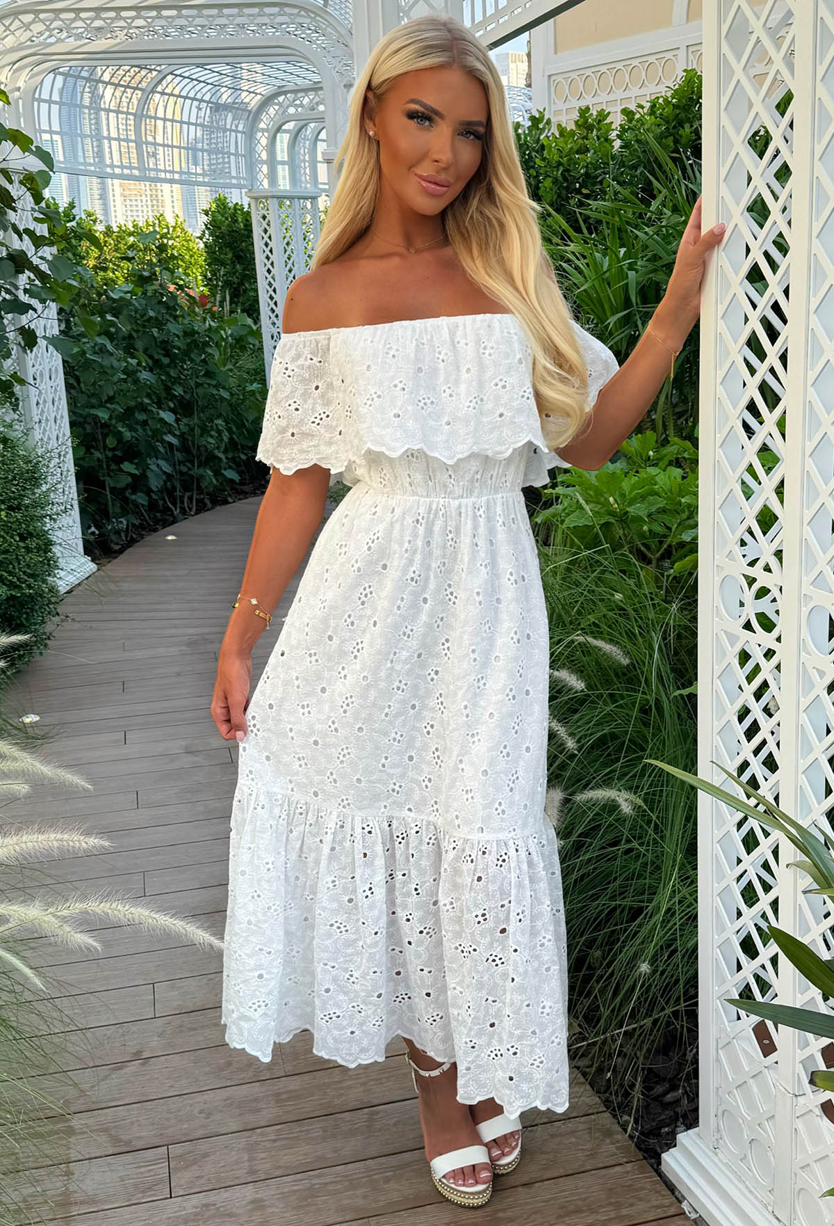 fitted lace wedding dress Summer Affair White Bardot Broderie Anglaise Maxi Dress