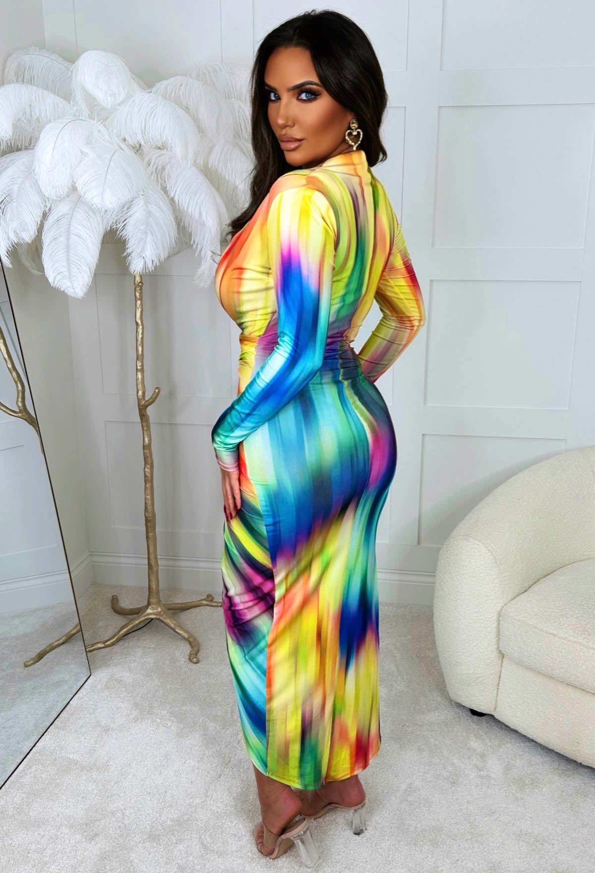 Chasing Rainbows Multi Shoulder Padded Long Sleeve Ruched Midi Dress