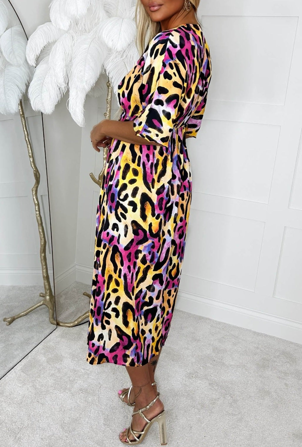 Feline Wild Multi Leopard Printed Leg Split Midi Dress