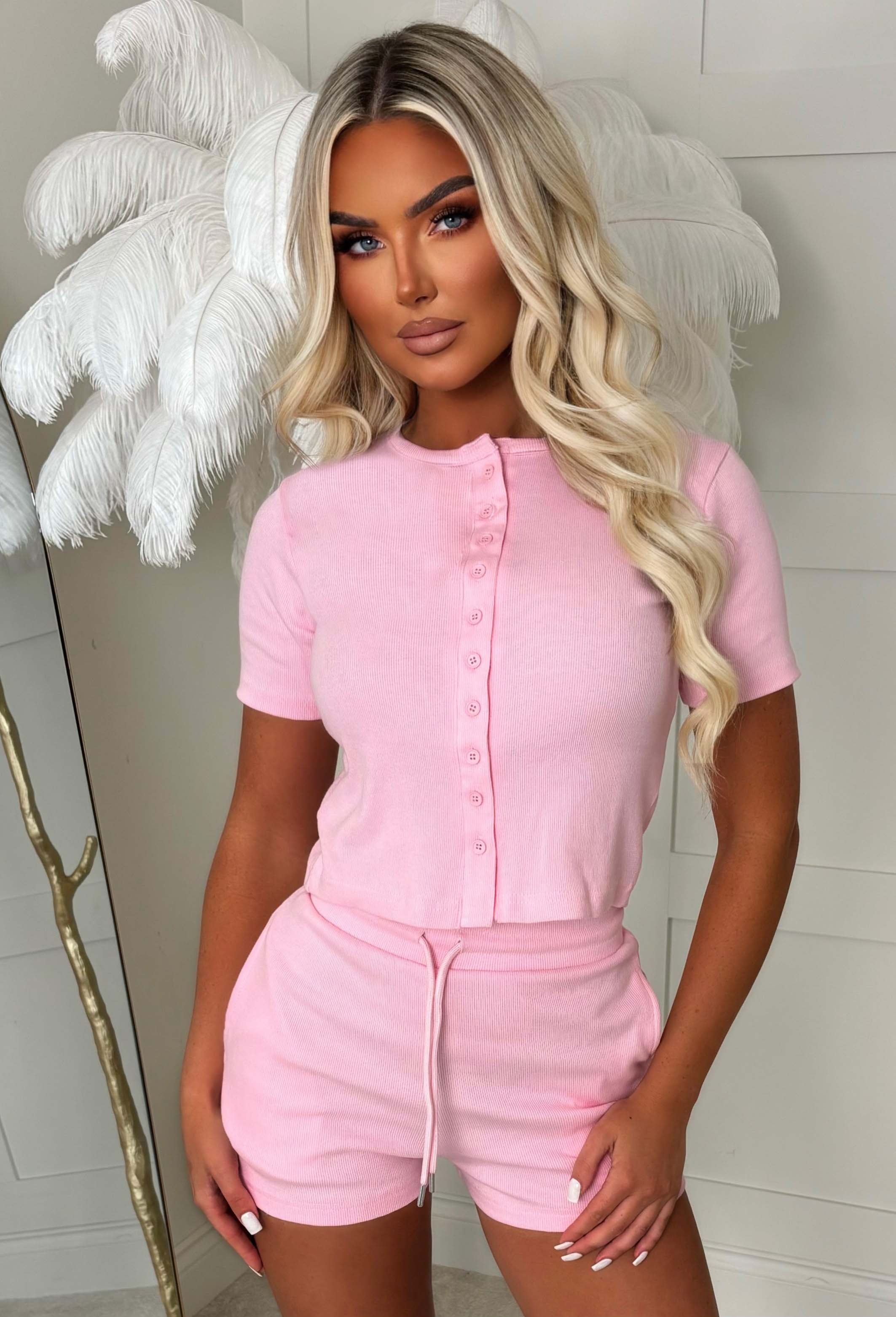 Ready For Takeoff Light Pink Ribbed Shirt & Shorts Set