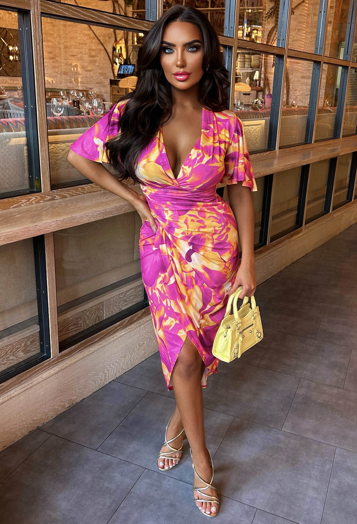 Vivid Glam Pink Stretch Printed Ruched Midi Dress