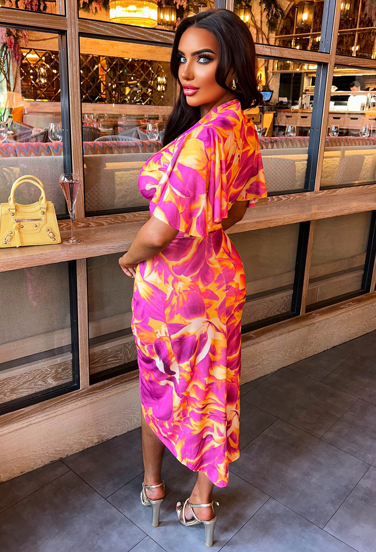 Vivid Glam Pink Stretch Printed Ruched Midi Dress