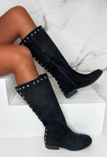 Sweet Glamour Black Gold Stud Faux Suede Knee High Boots